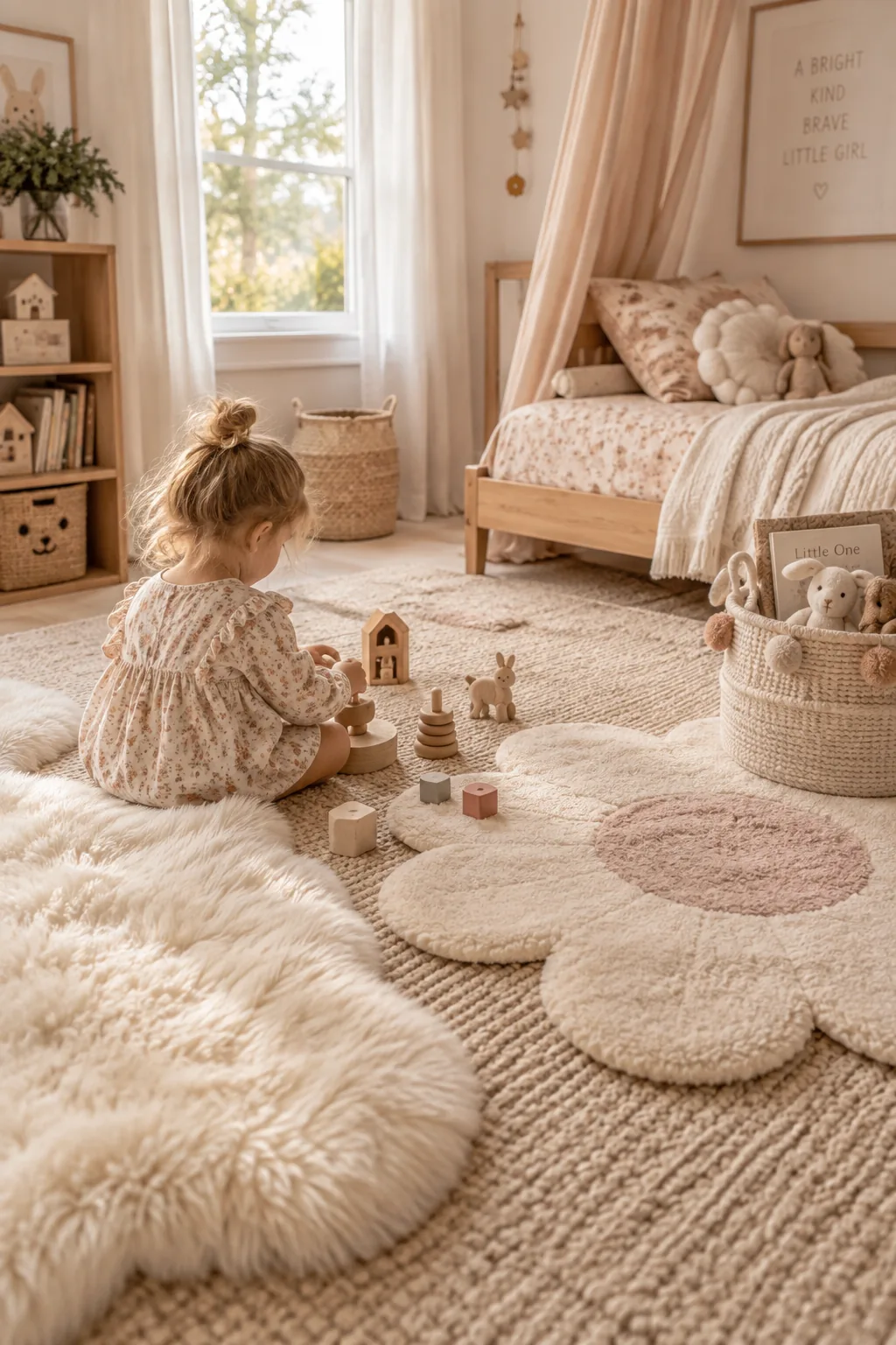 A flower-shaped plush rug layered over a large neutral area rug in a bedroom