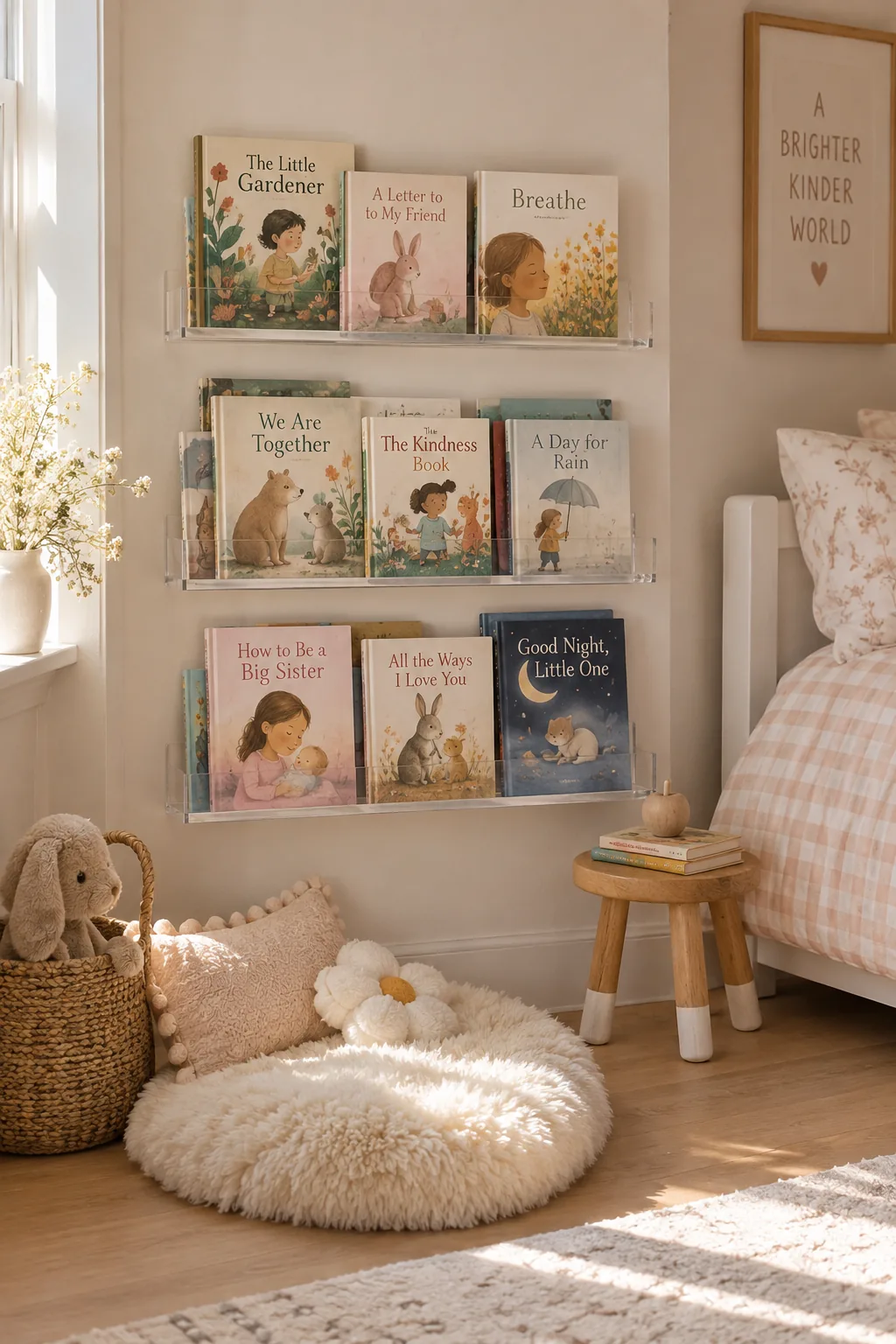 Clear acrylic wall ledges mounted low, displaying colorful children's books
