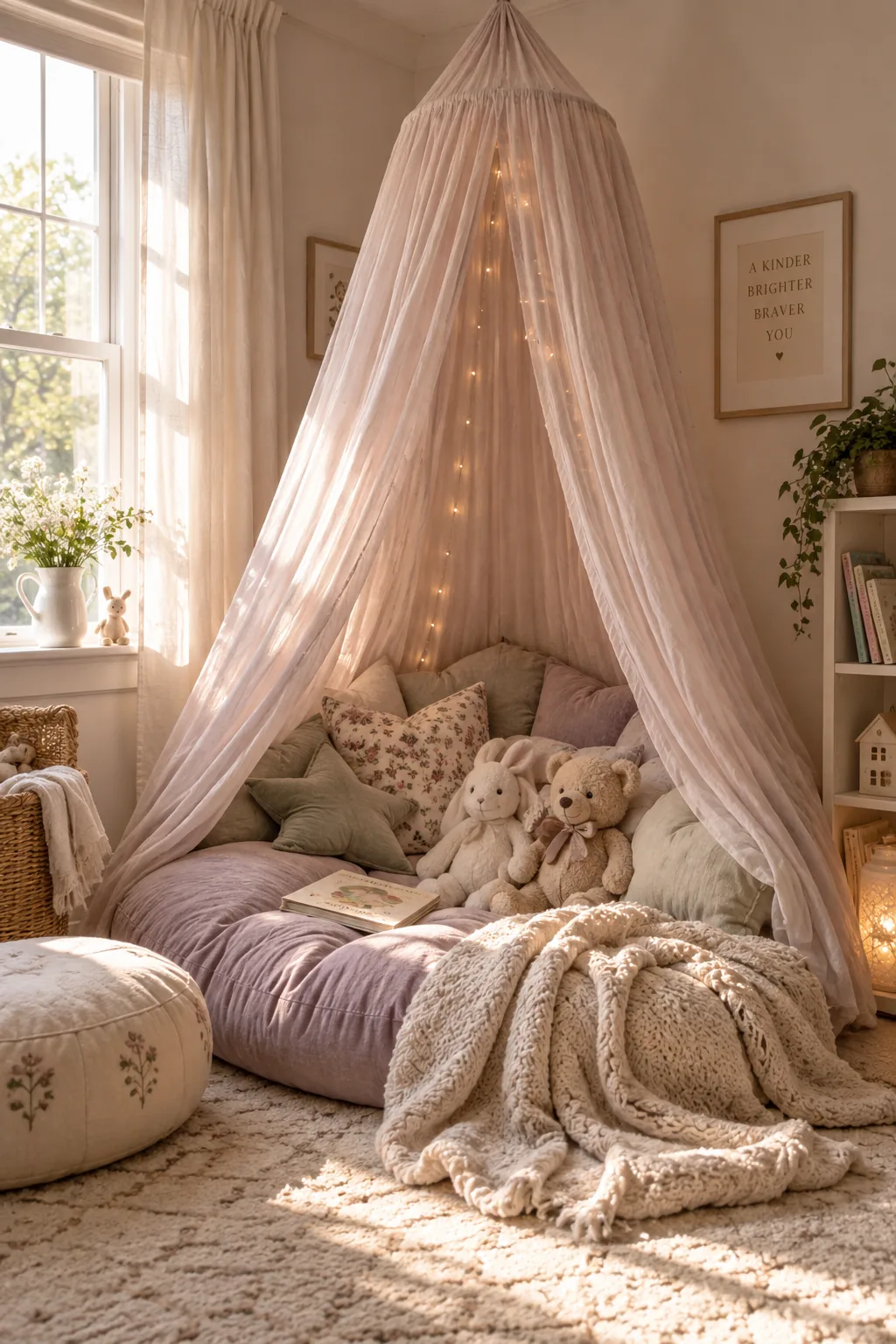 Gauzy cotton canopy hanging over oversized floor pillows and stuffed animals
