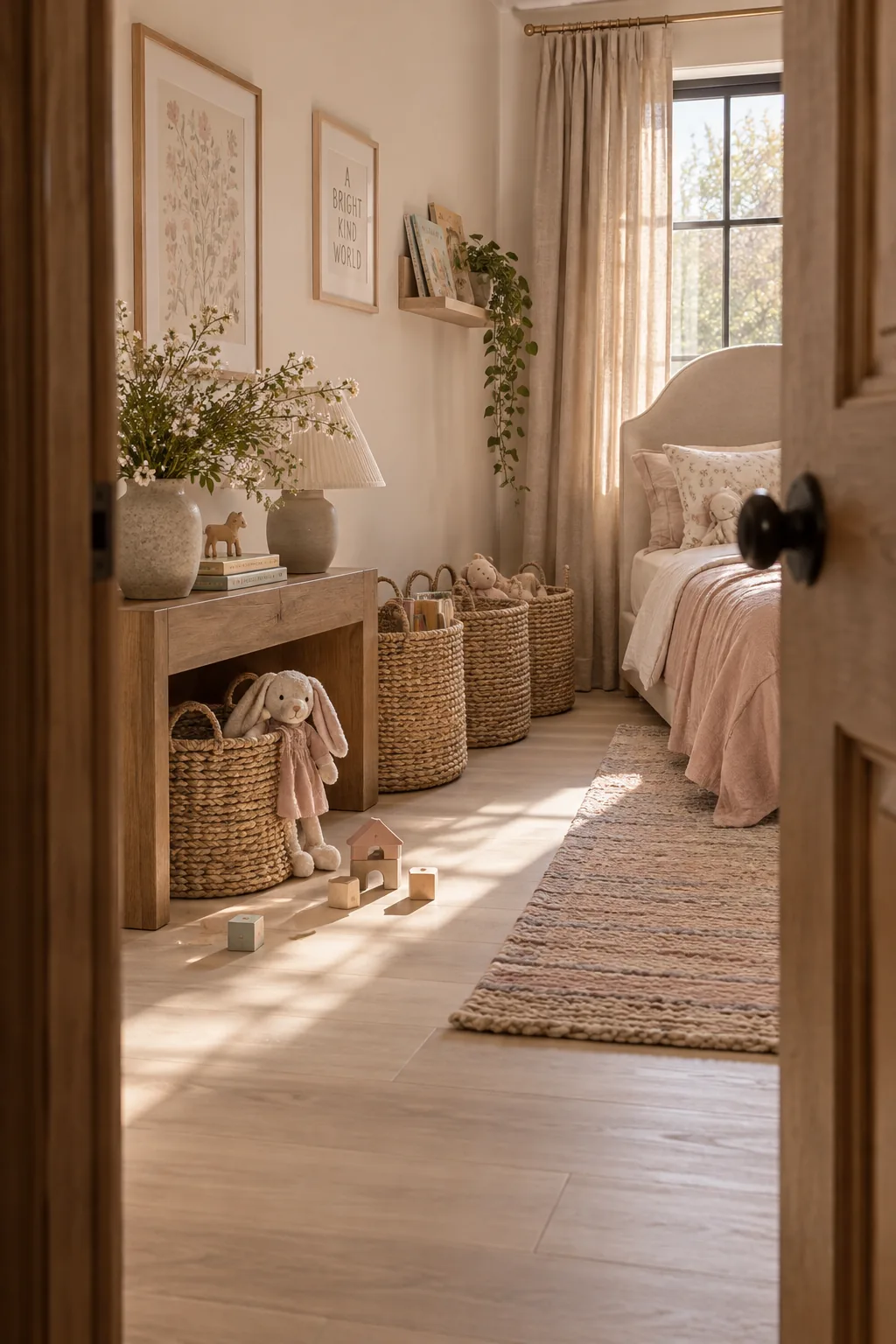 Chunky seagrass baskets lined up against a wall storing wooden toys