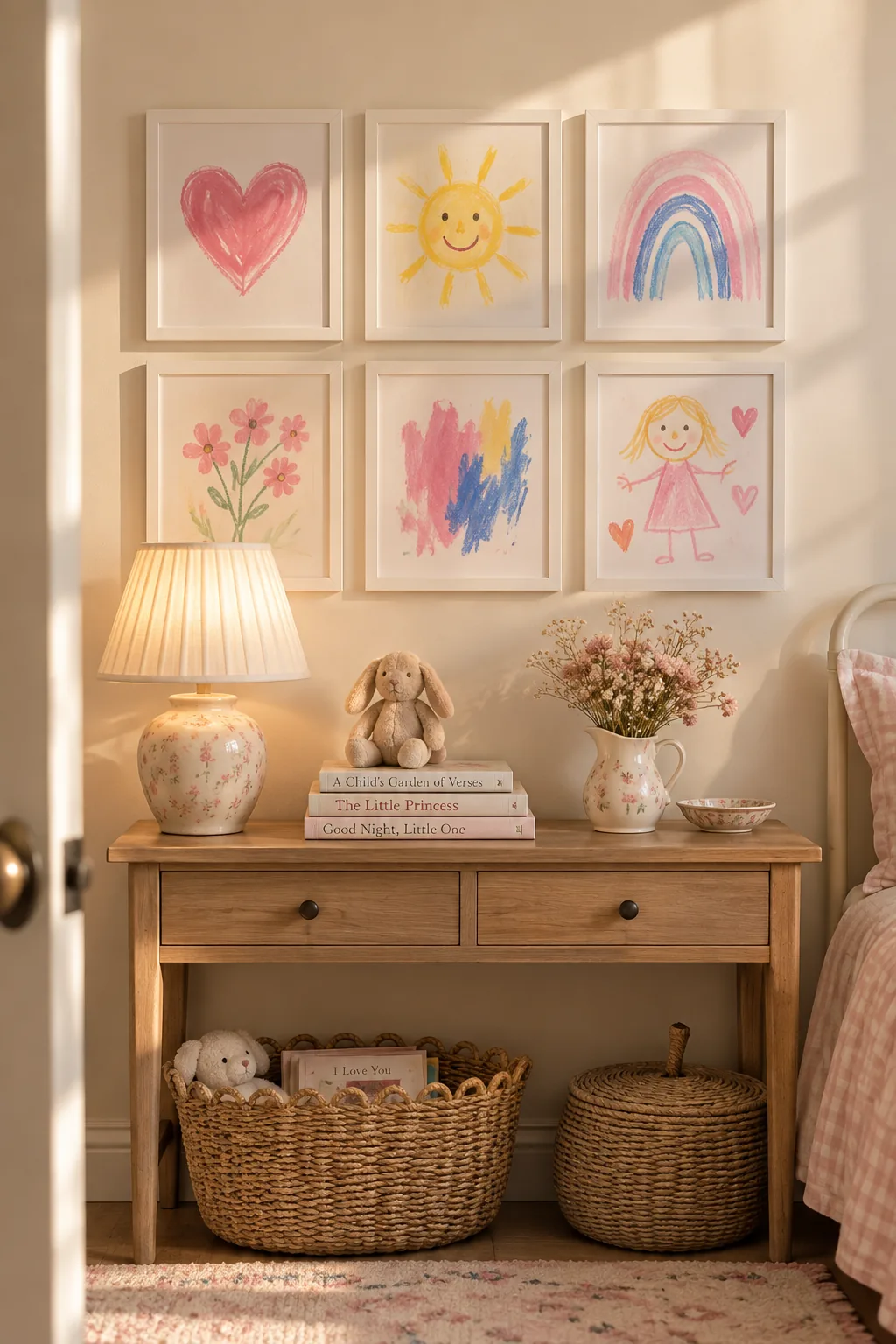 Grid of white frames on a wall displaying colorful toddler finger paintings