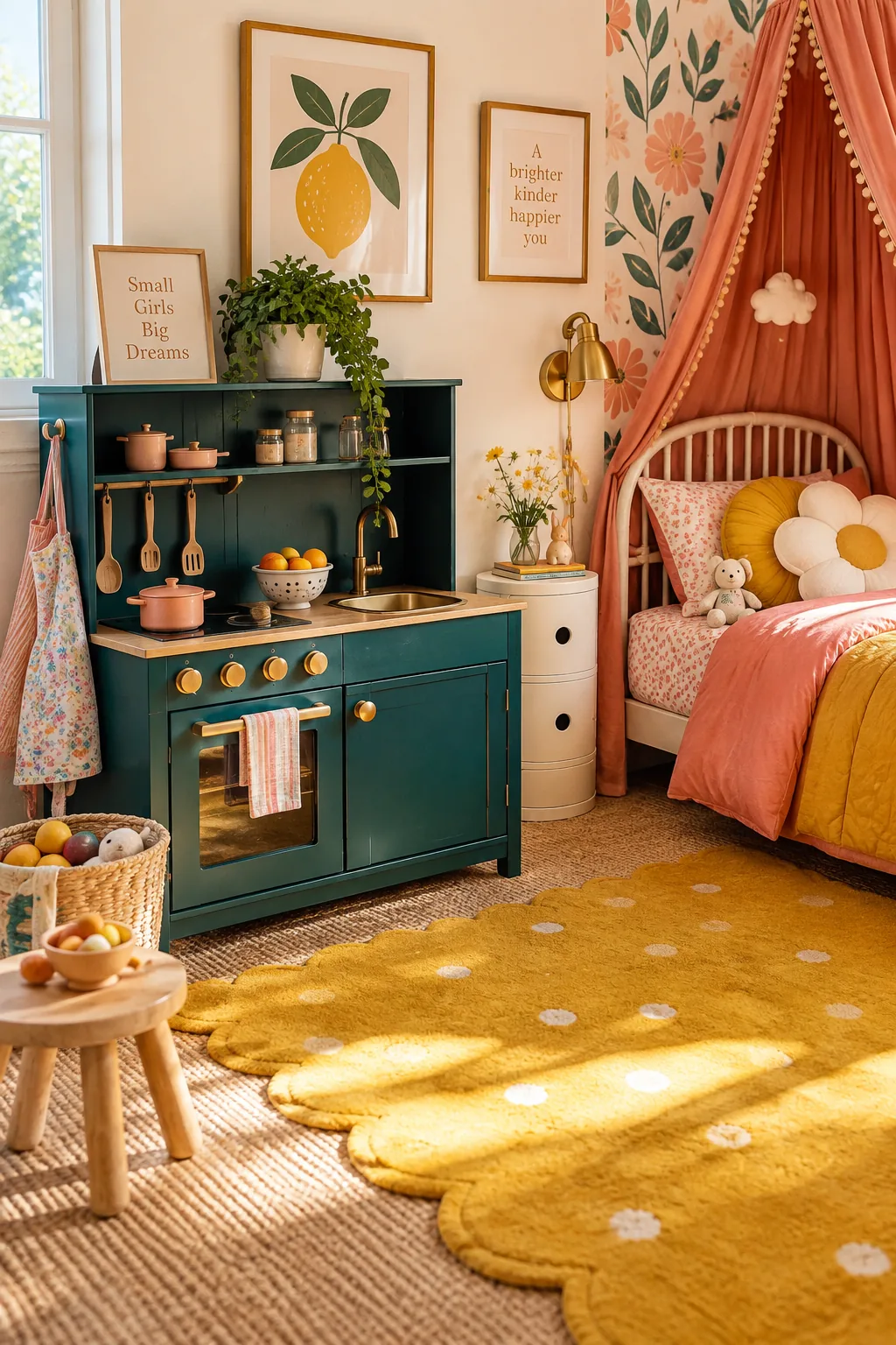 Wooden play kitchen painted in muted colors tucked into a bedroom corner