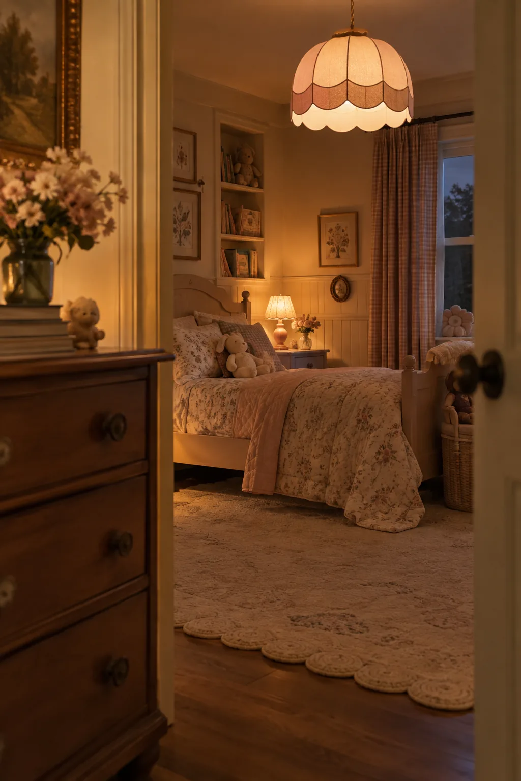 Scalloped pendant shade hanging in a bedroom with warm string lights