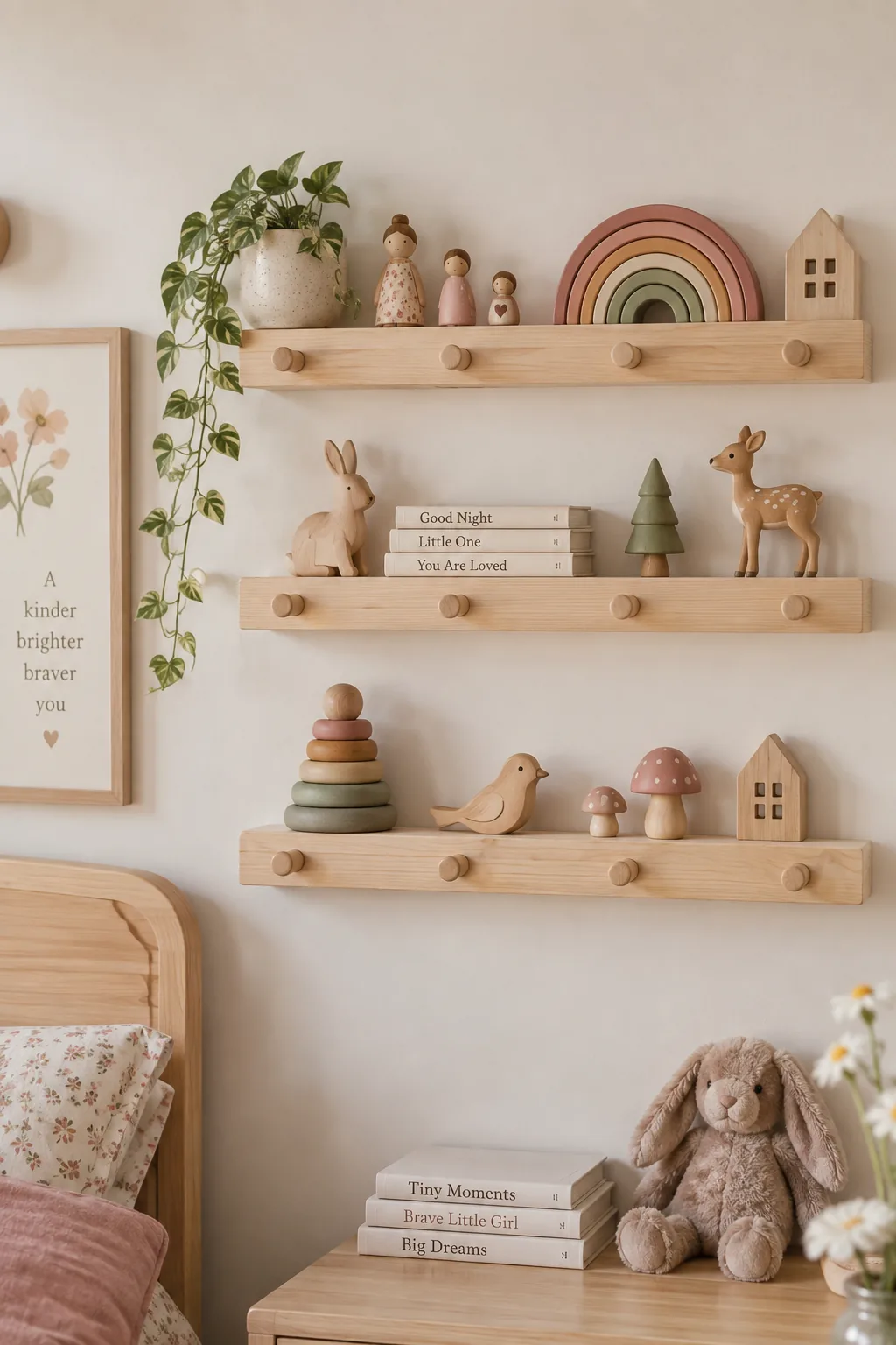Narrow pegboard shelves on a wall holding wooden peg dolls and a stacking rainbow