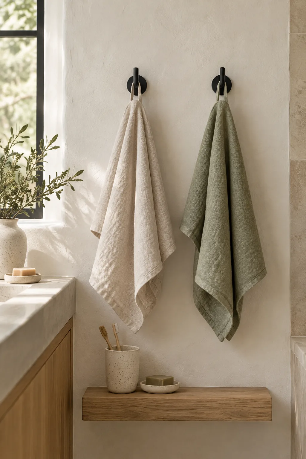 Two matte black hooks mounted on a white bathroom wall holding fluffy white towels