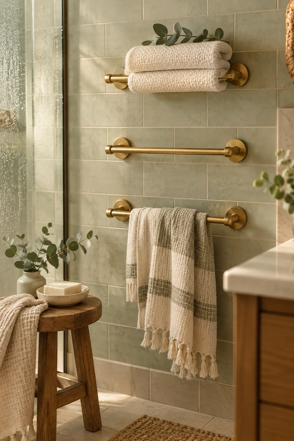 Three short brass towel bars stacked vertically on a bathroom wall