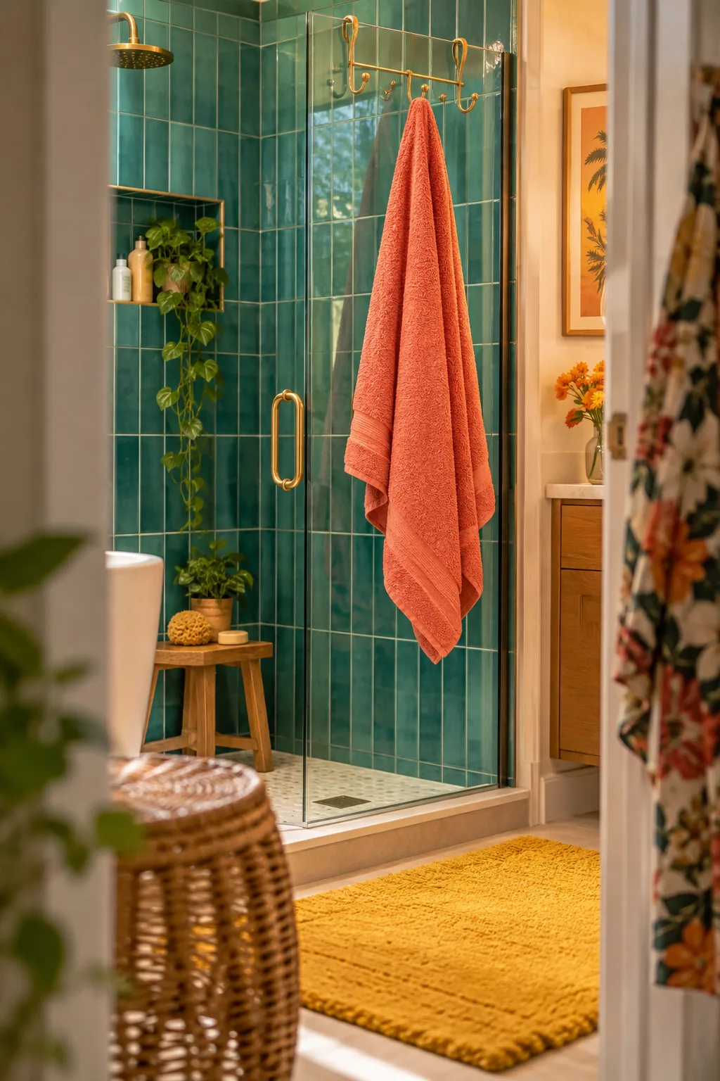 A black metal hook rack hanging over a glass shower door with a white towel