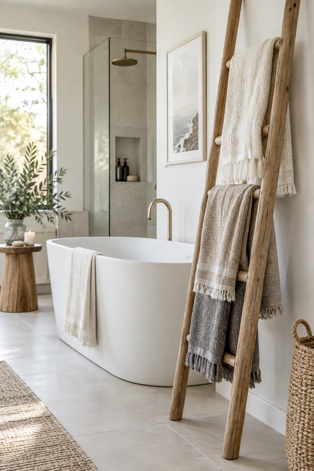 A wooden leaning ladder in a bathroom holding three folded gray towels