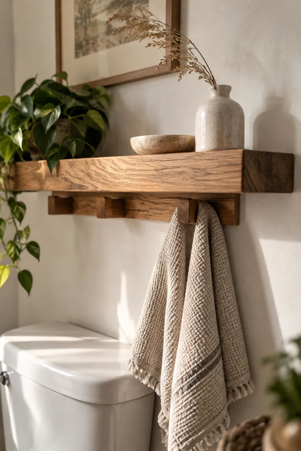 A wooden floating shelf with hooks underneath holding hand towels