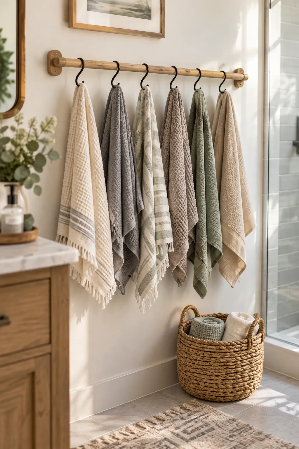 A brass rail with metal S-hooks holding several towels by their loops