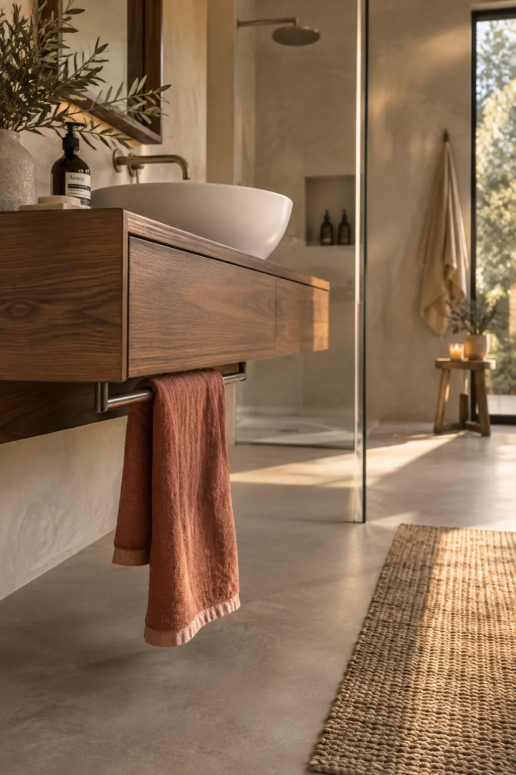 A slim towel bar mounted underneath a modern floating vanity holding a hand towel