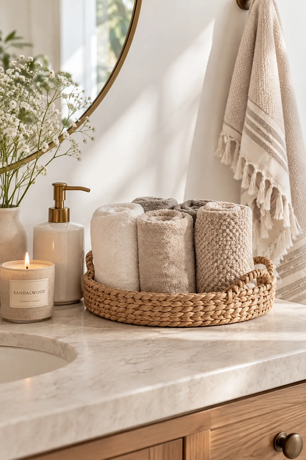 Rolled white towels standing upright in a woven seagrass basket on a vanity