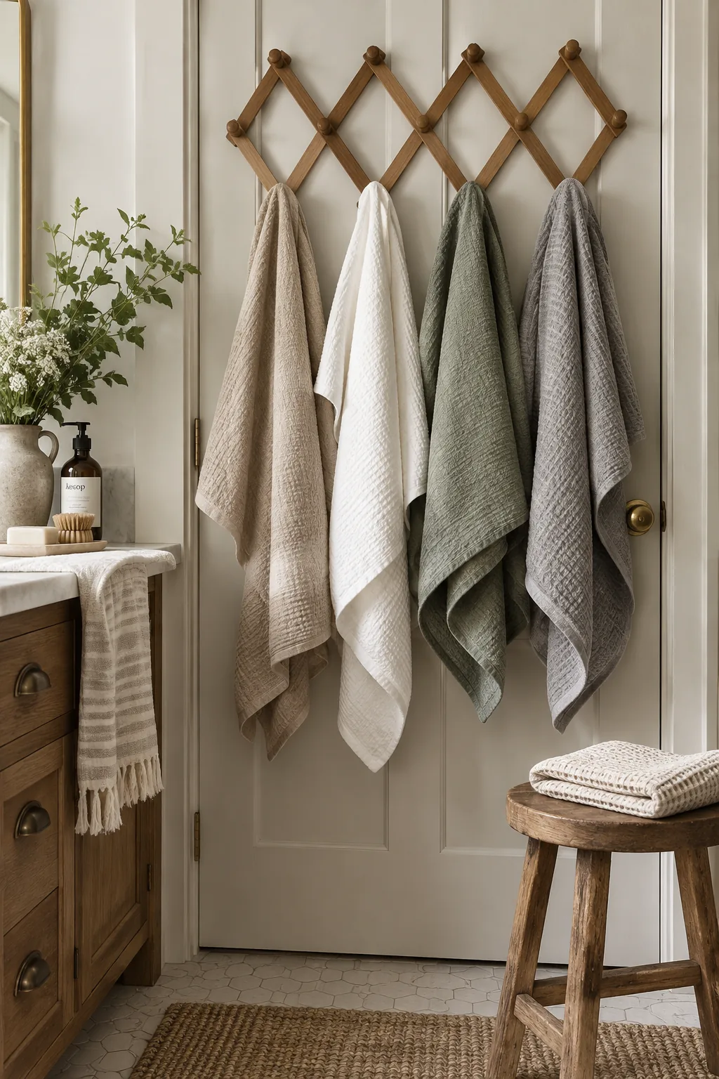 A wooden accordion rack mounted on a door holding multiple towels