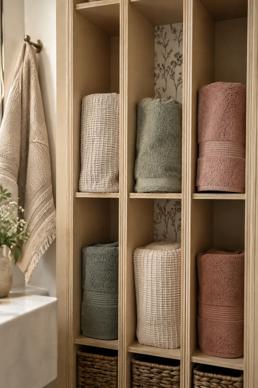 Built-in bathroom cubbies holding neatly folded towels for different family members