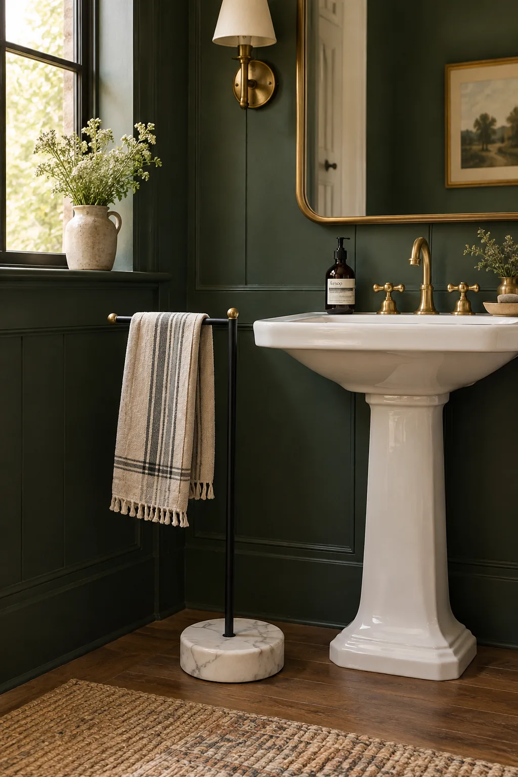 A brass freestanding T-stand with a marble base holding a hand towel next to a pedestal sink