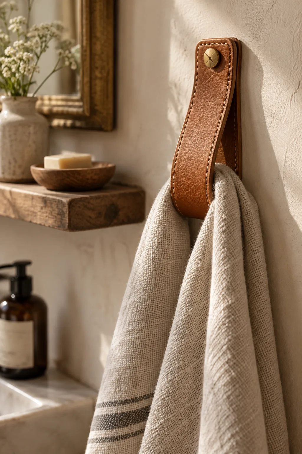A thick leather loop screwed into a white wall holding a linen hand towel