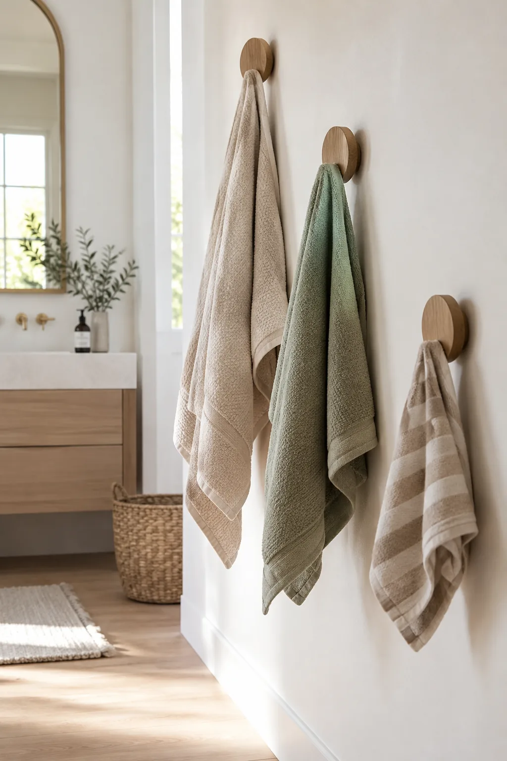 Three wooden wall hooks staggered at different heights holding colorful towels