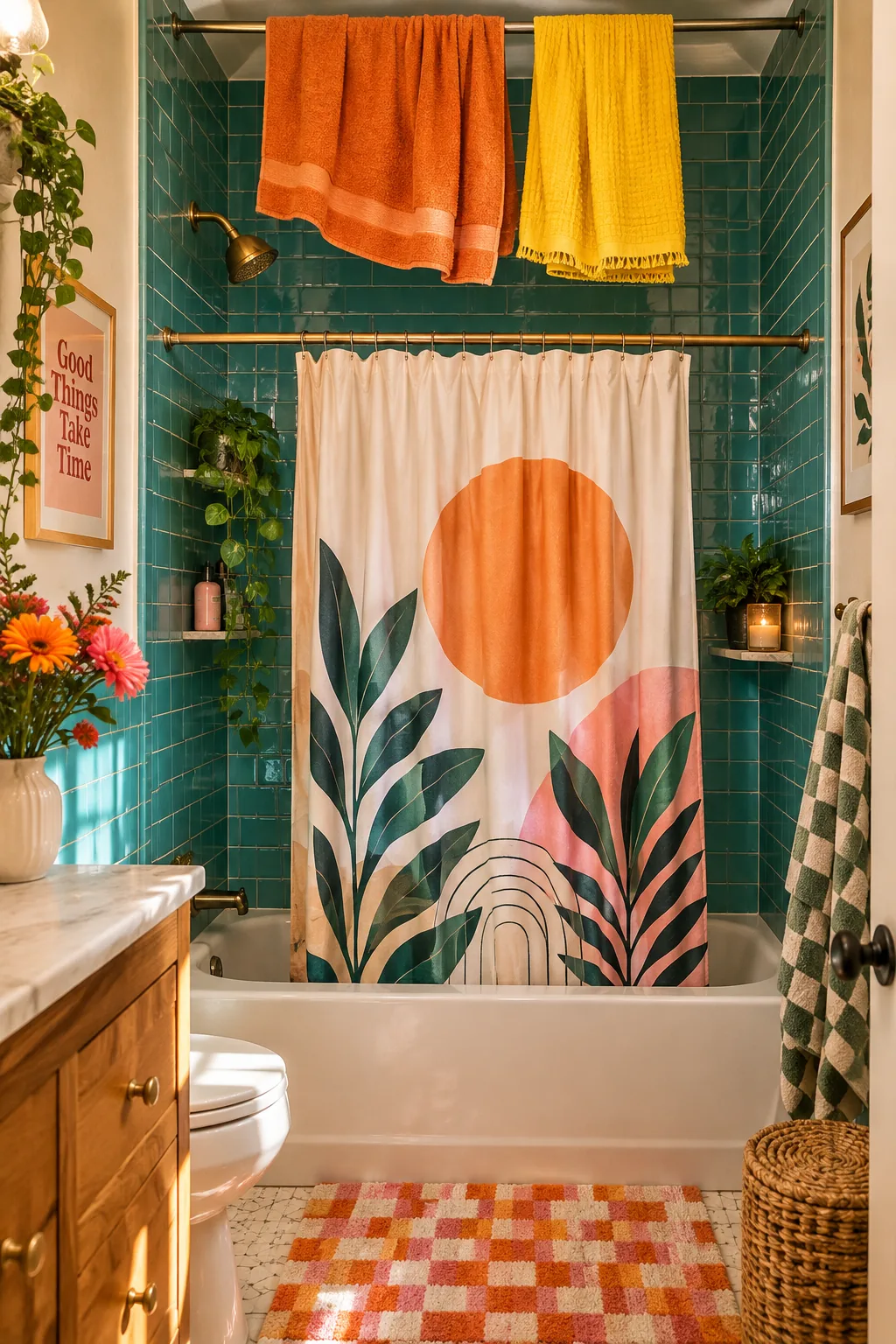 A second tension rod installed high above a bathtub holding wet towels