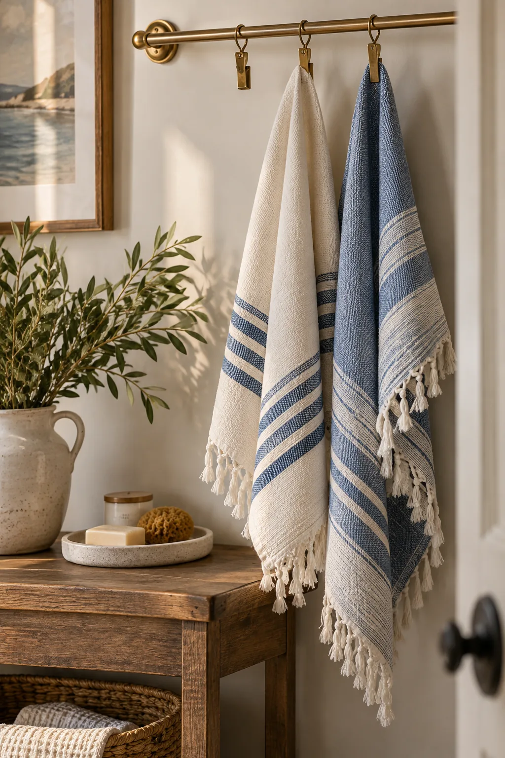 Turkish towels hanging from a brass rod using small metal clip-on rings
