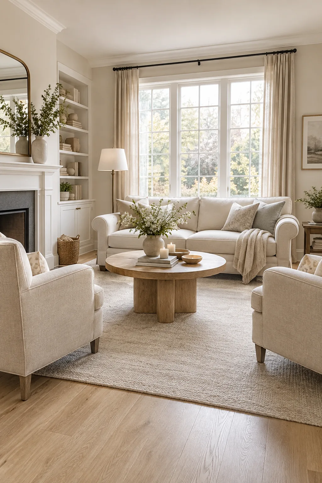 Two matching armchairs across from a rolled-arm sofa