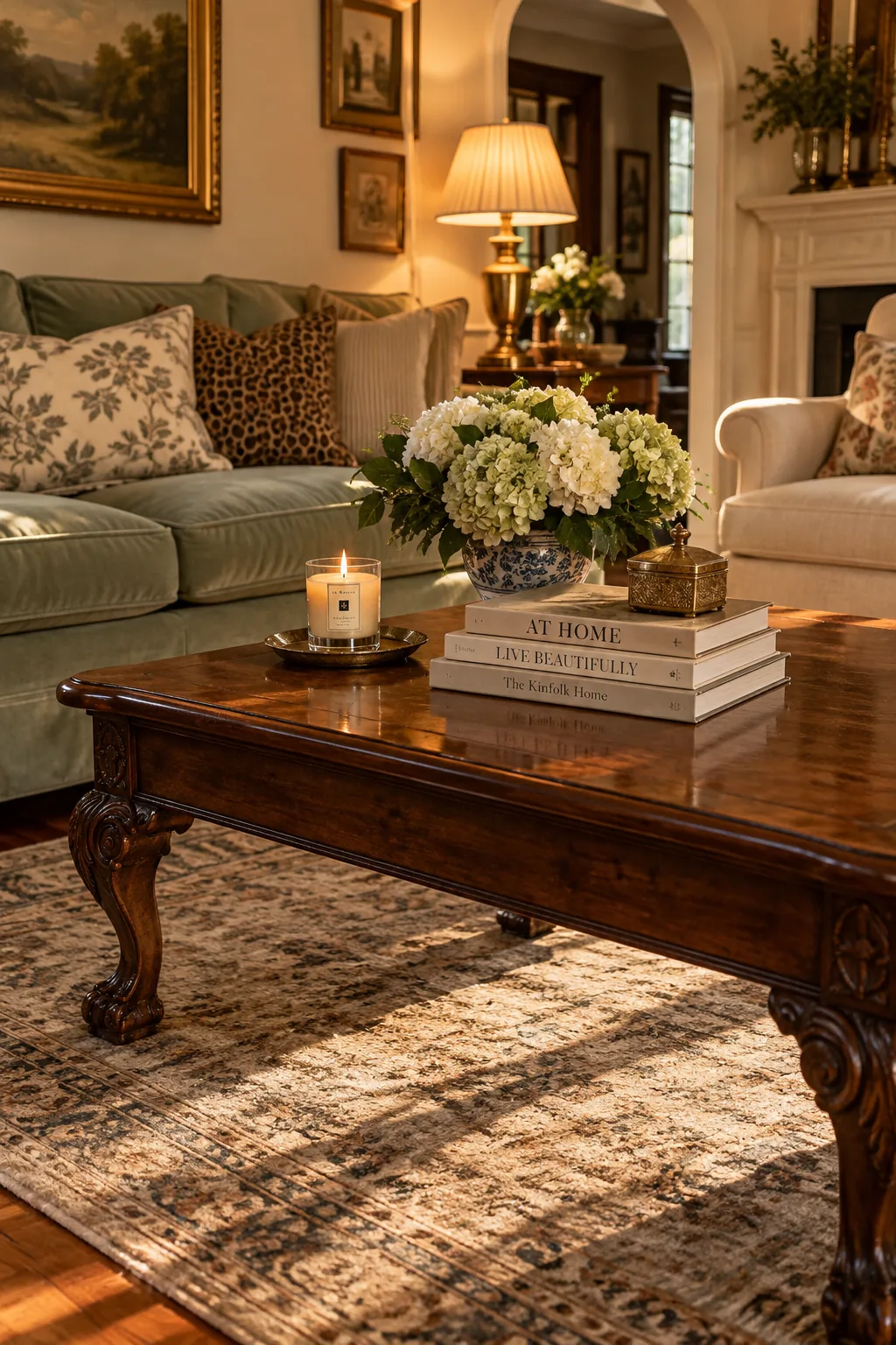 Dark wood coffee table with lighter upholstered furniture