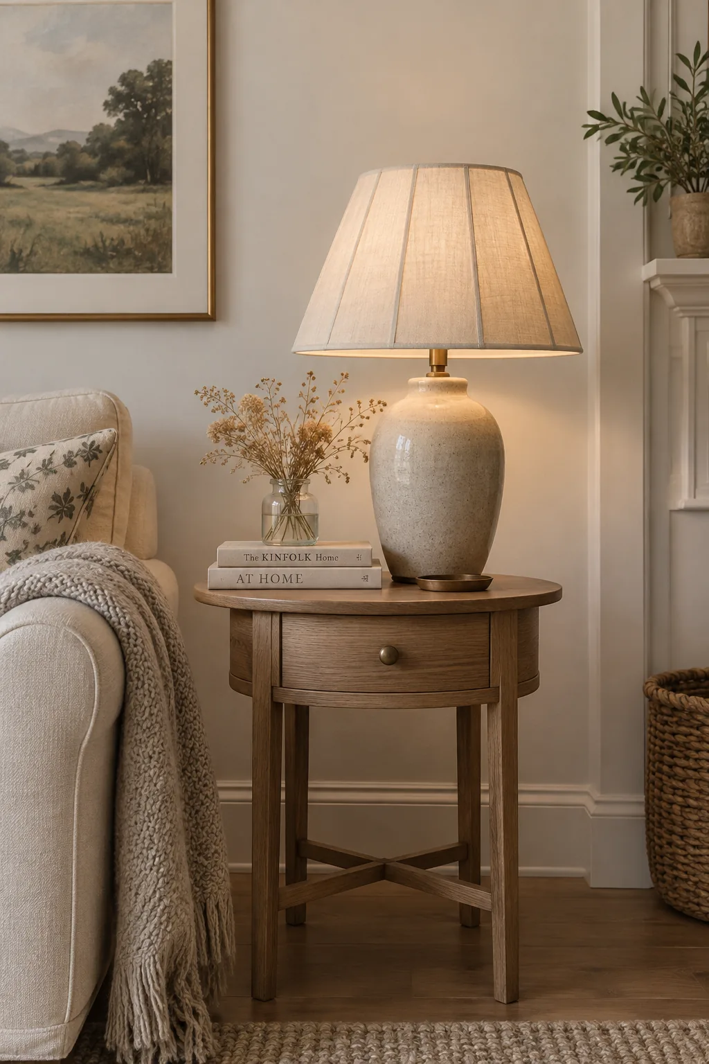 Box-pleat fabric lampshade on an end table