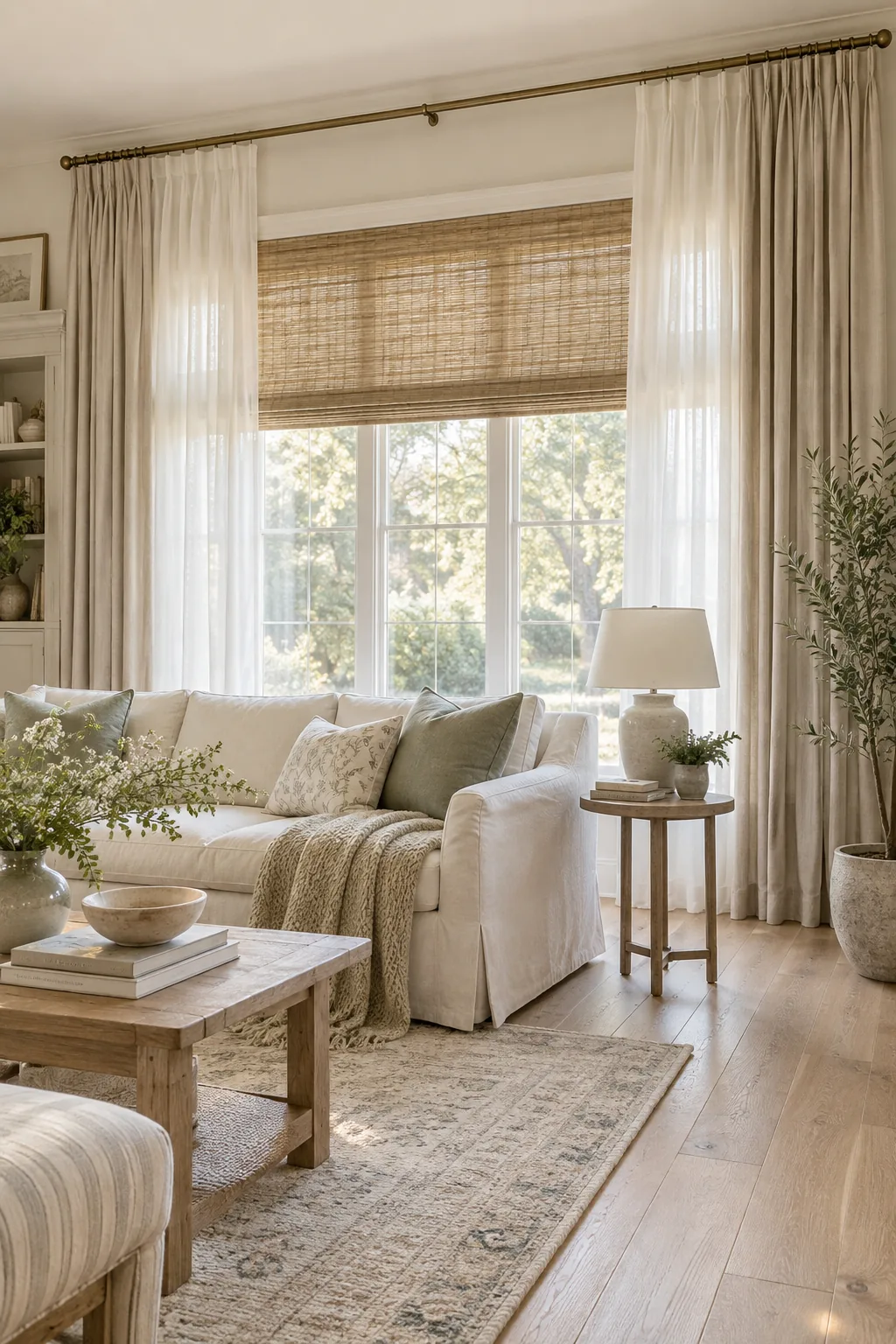 Layered sheer and heavy drapes on brass rings