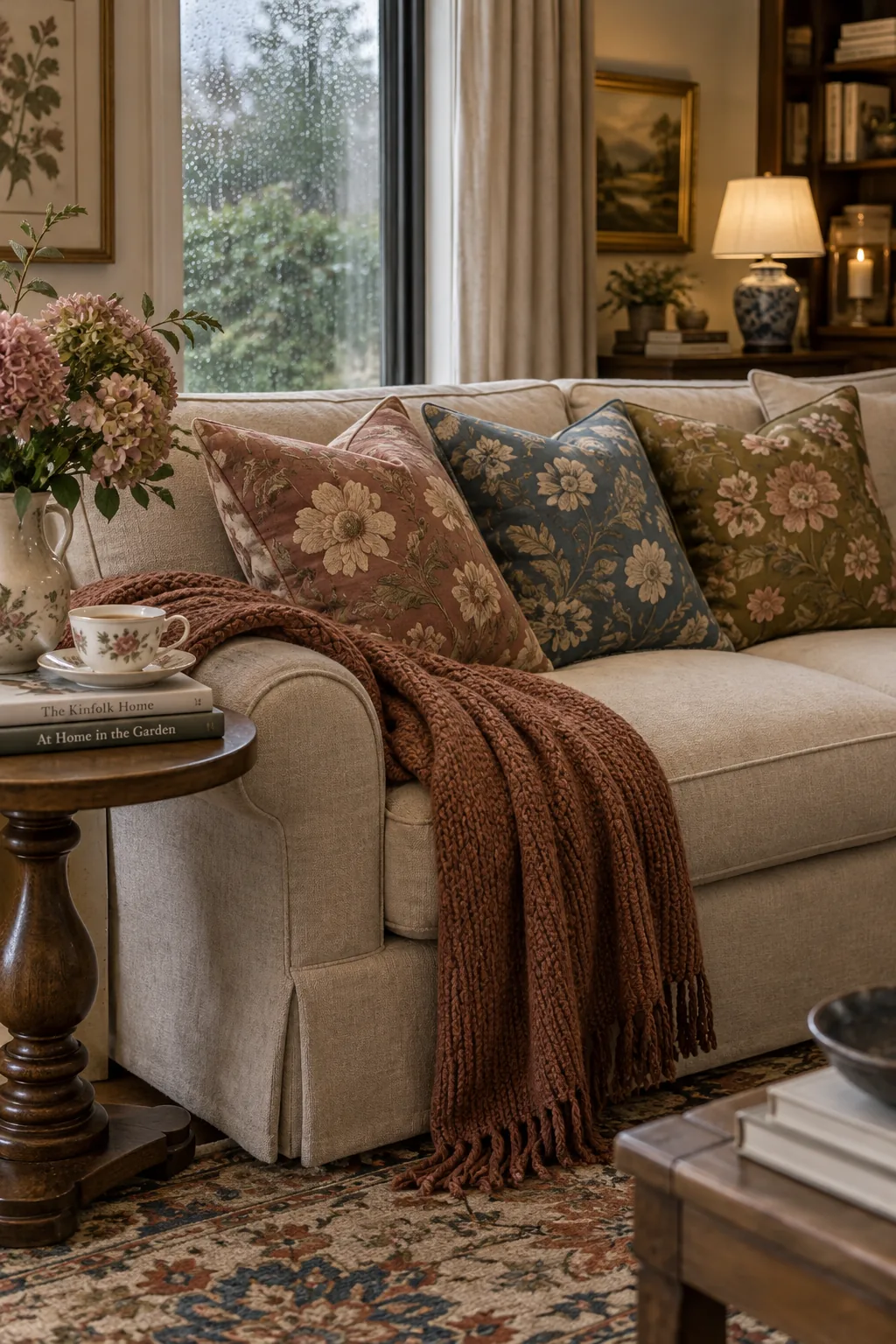 Floral motif pillows on a solid neutral sofa