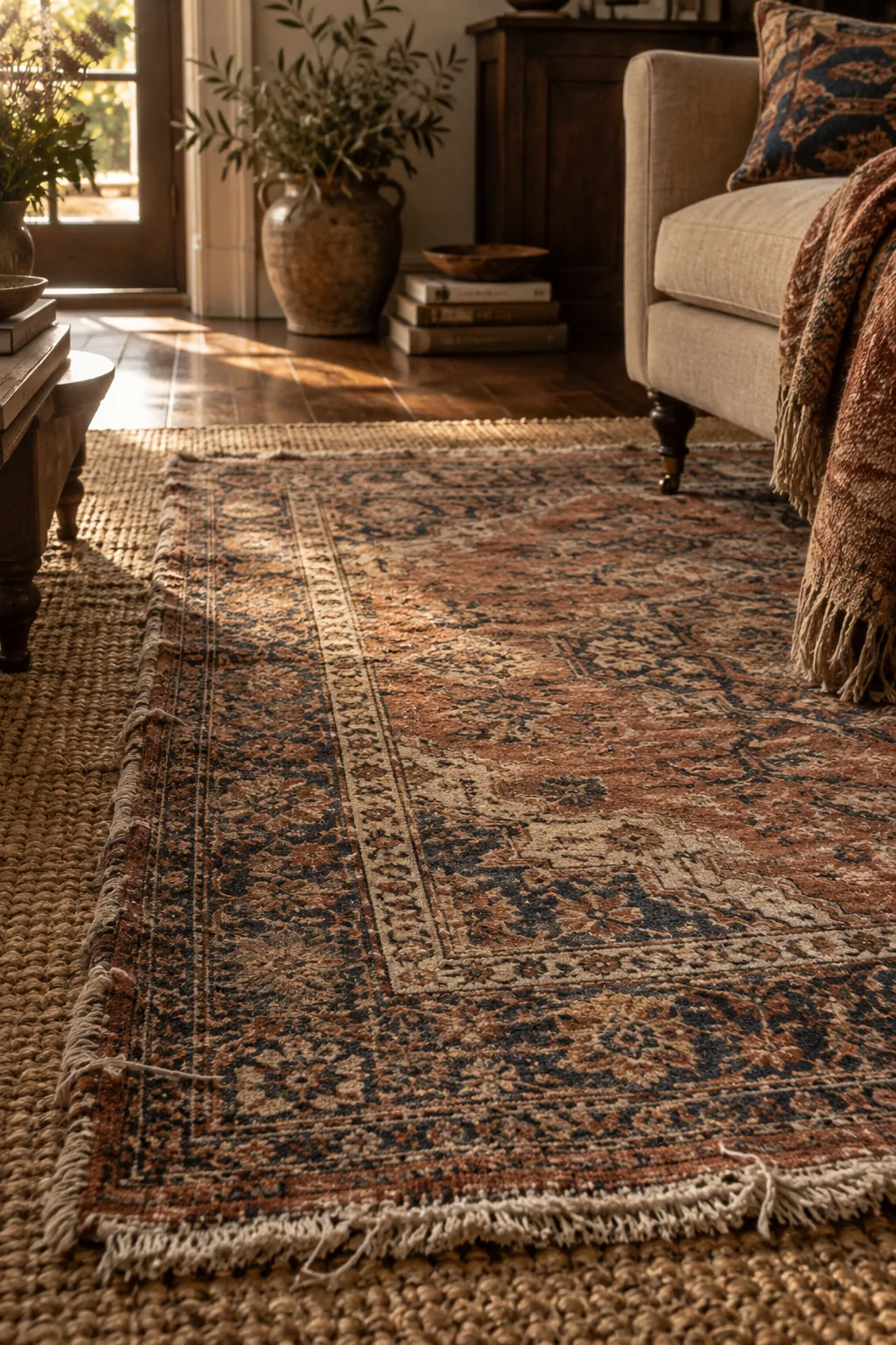 Faded vintage Persian rug in a living area