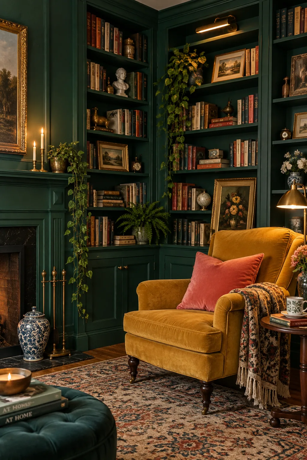 Floor-to-ceiling built-in bookshelves painted to match walls