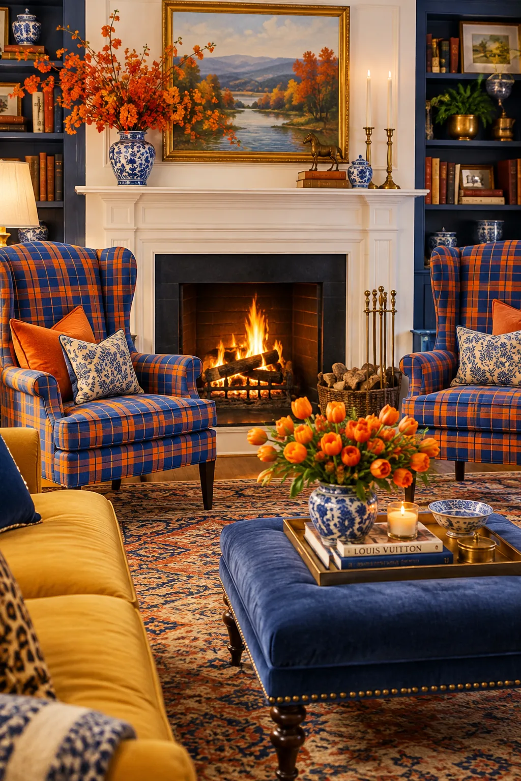 Pair of plaid wingback chairs flanking a fireplace
