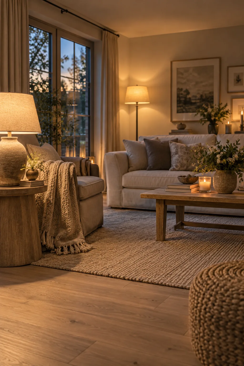 Floor lamp and table lamp in a living room