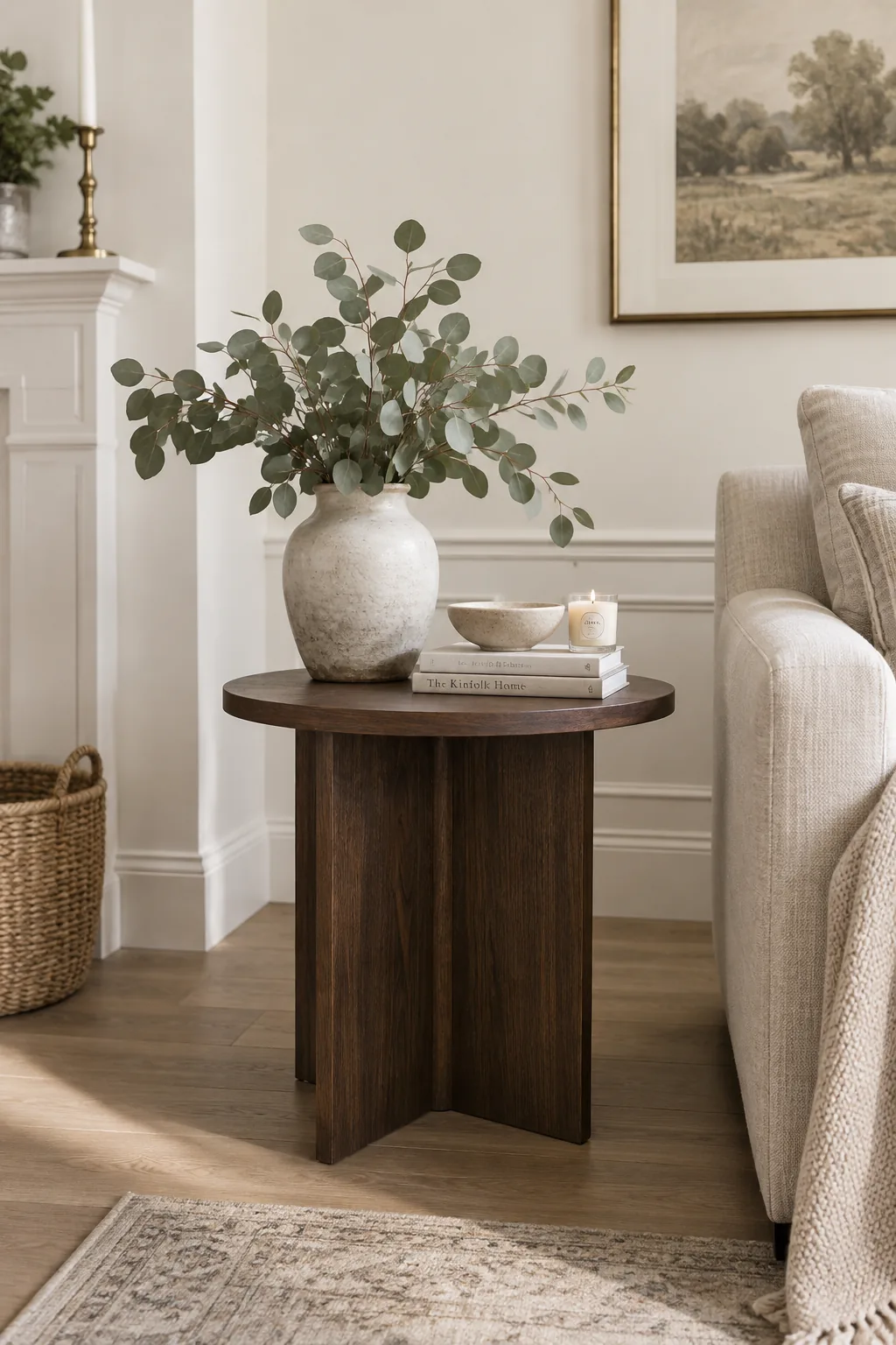 Light oak floor paired with a dark walnut side table