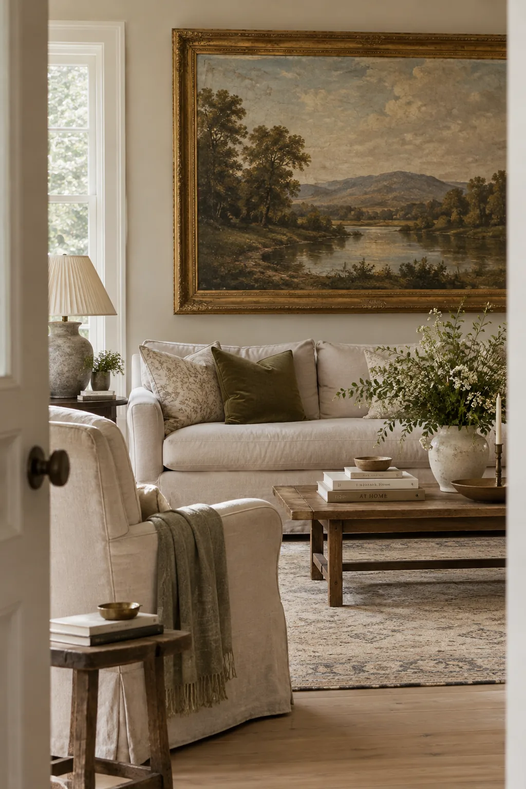 Large landscape oil painting in a gold frame