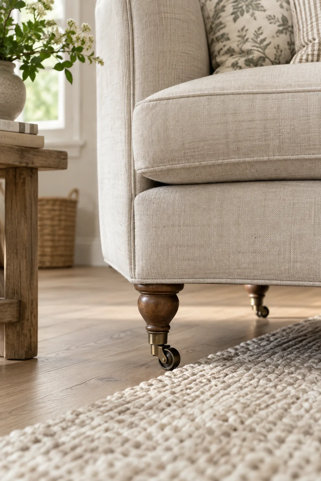 Traditional sofa with turned wooden legs and brass casters