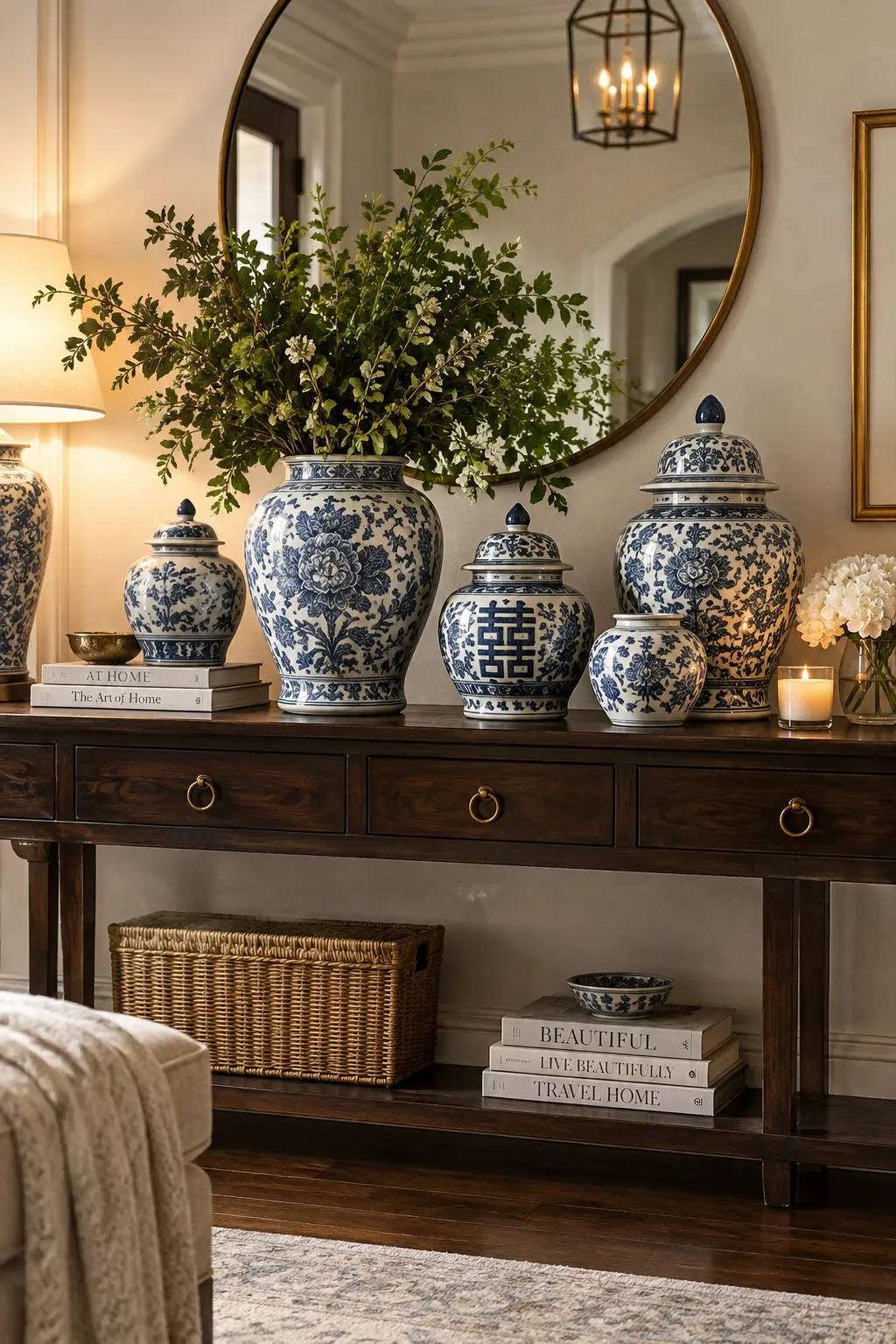 Collection of blue and white ginger jars on a console