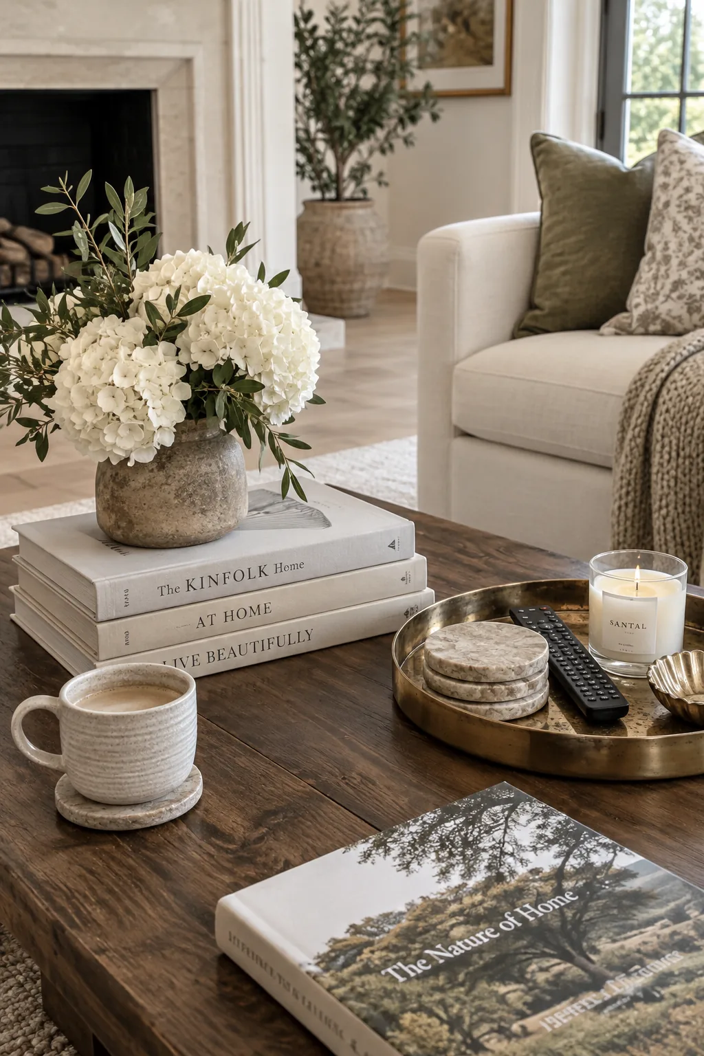 Coffee table styled with books and a decorative tray