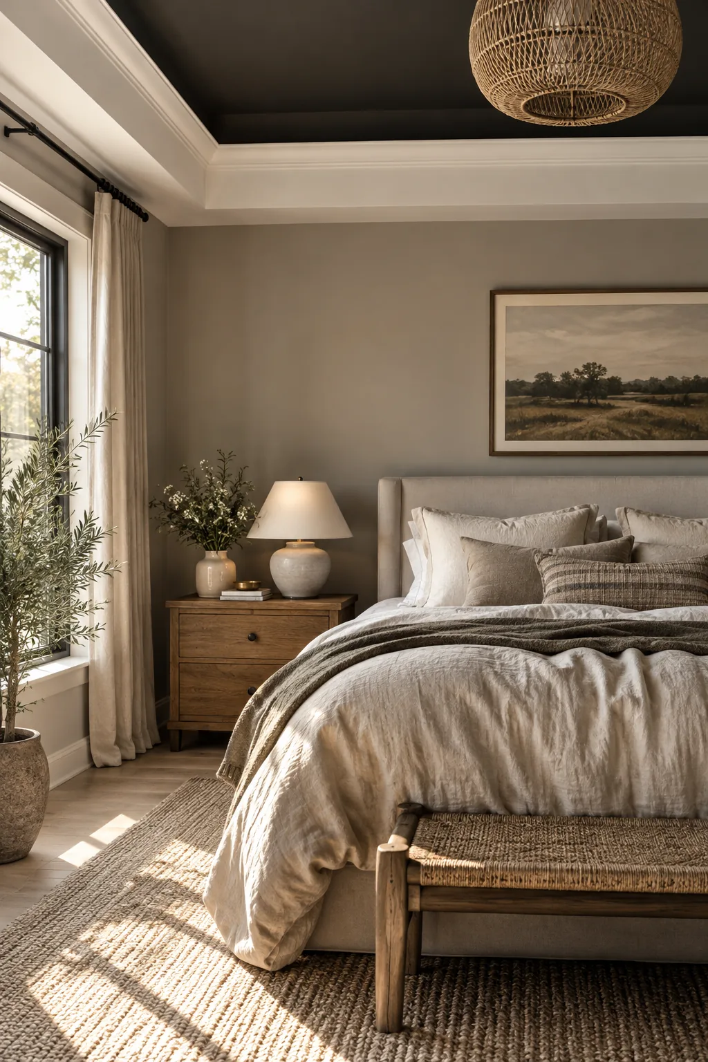Dark navy painted tray ceiling in a bright white bedroom.