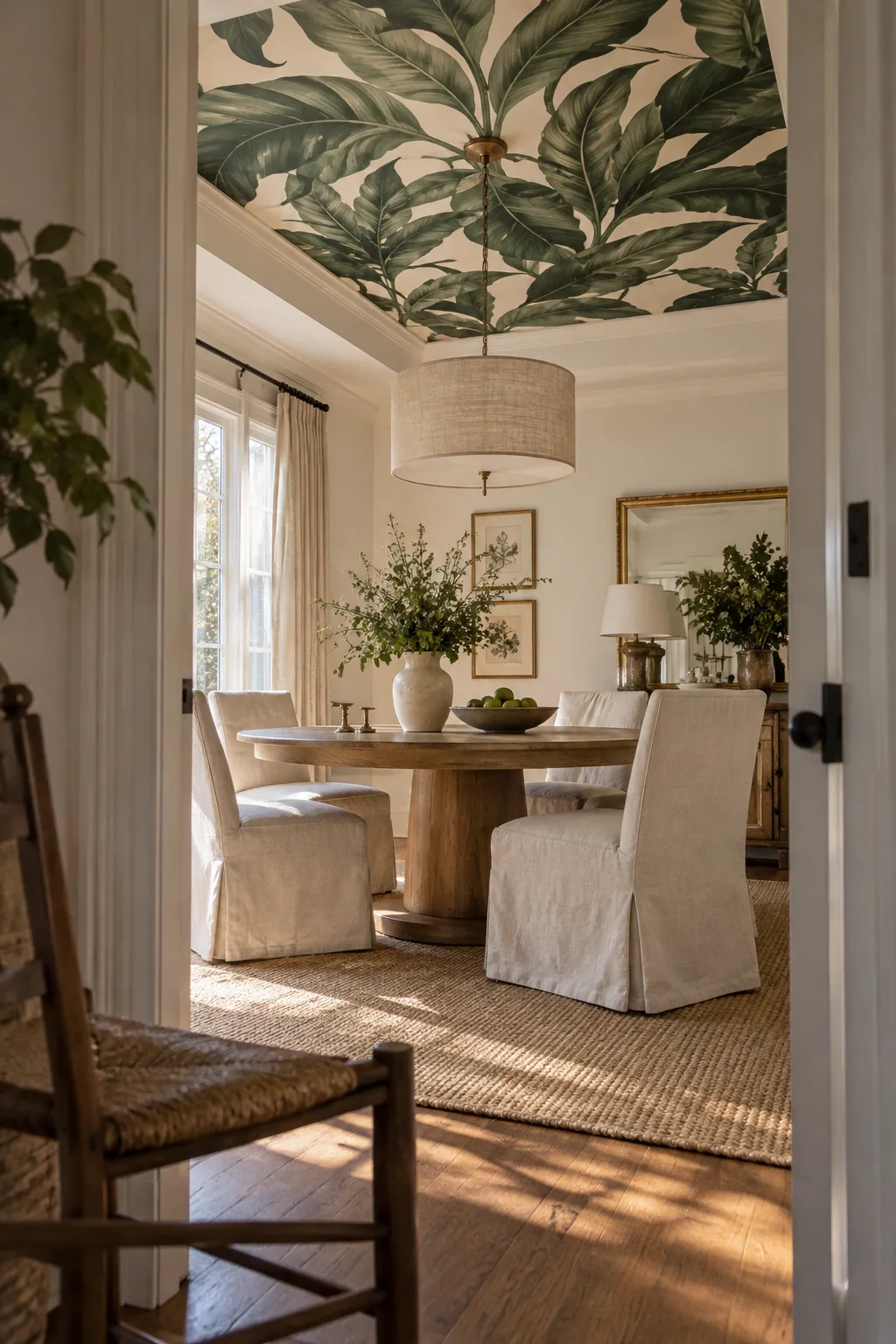 Bold floral wallpaper applied inside a dining room tray ceiling.