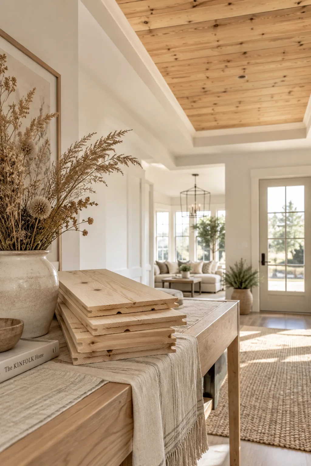Horizontal cedar wood planks lining a tray ceiling in a living room.