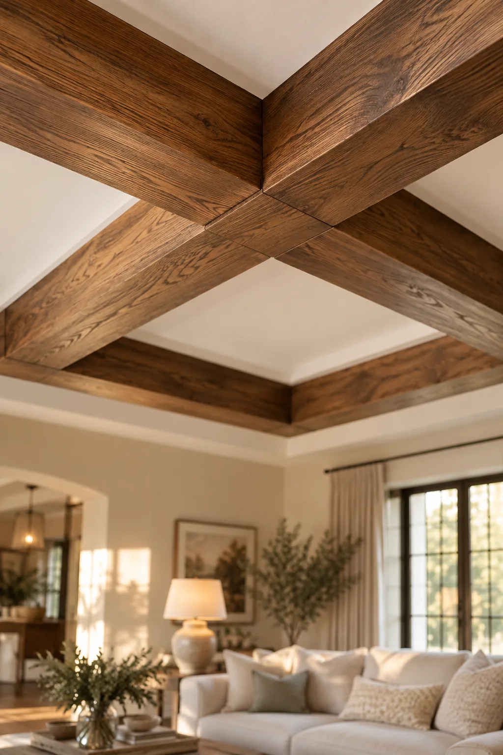 Rustic faux wood beams installed in a grid inside a tray ceiling.
