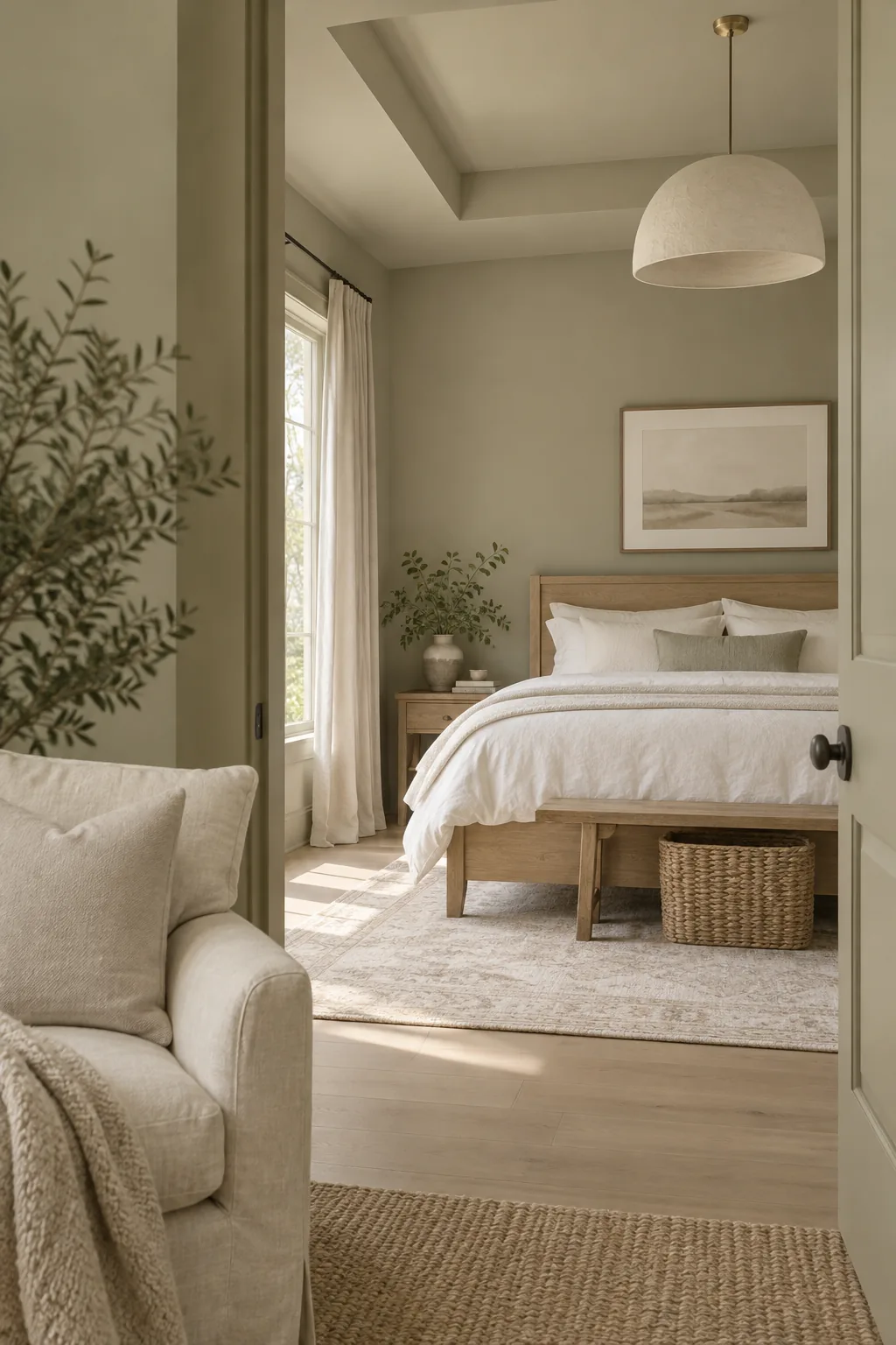 Entire bedroom and tray ceiling painted in a continuous forest green.
