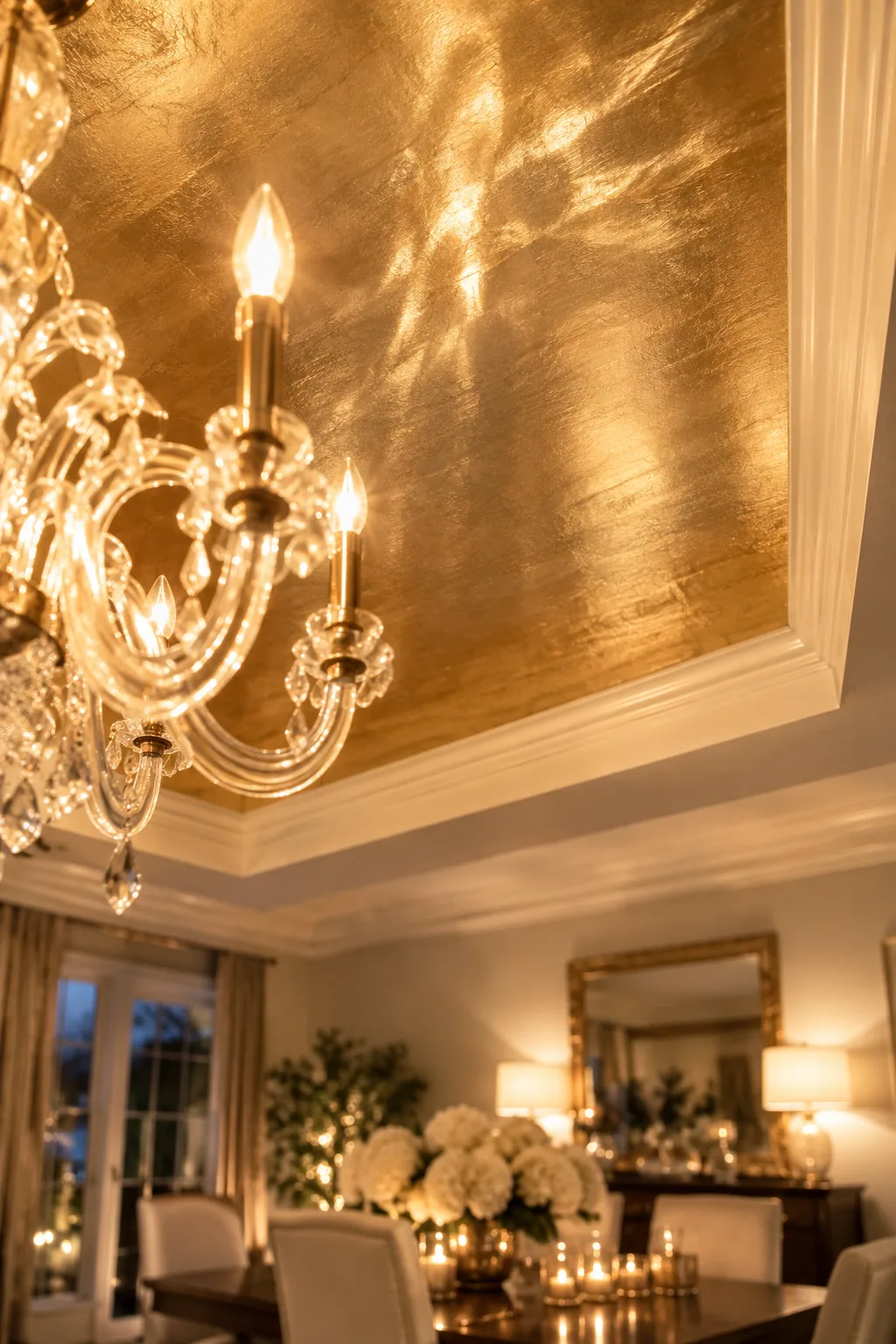 Silver metallic glaze reflecting light inside a dining room ceiling tray.