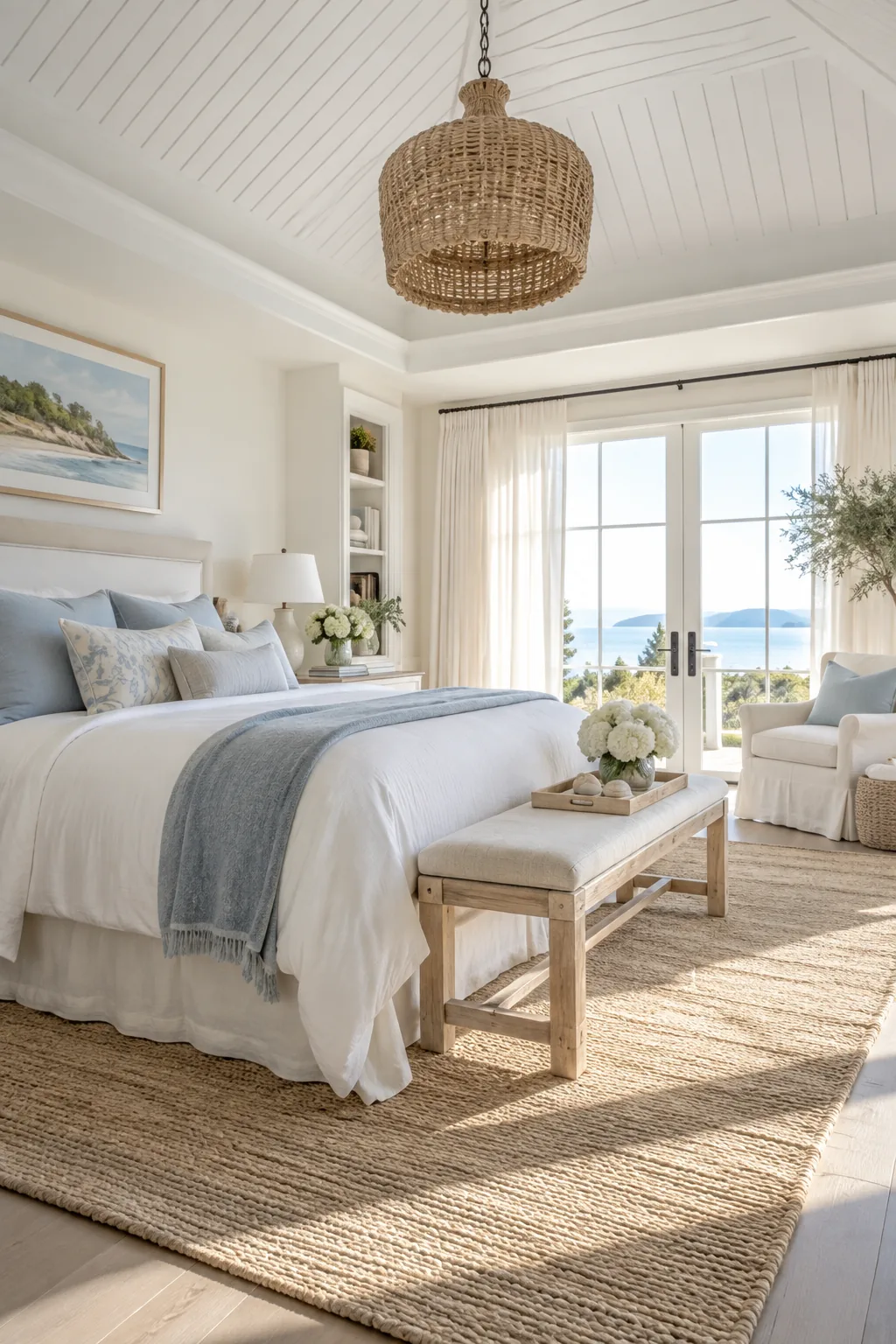 White beadboard paneling lining the interior of a tray ceiling.