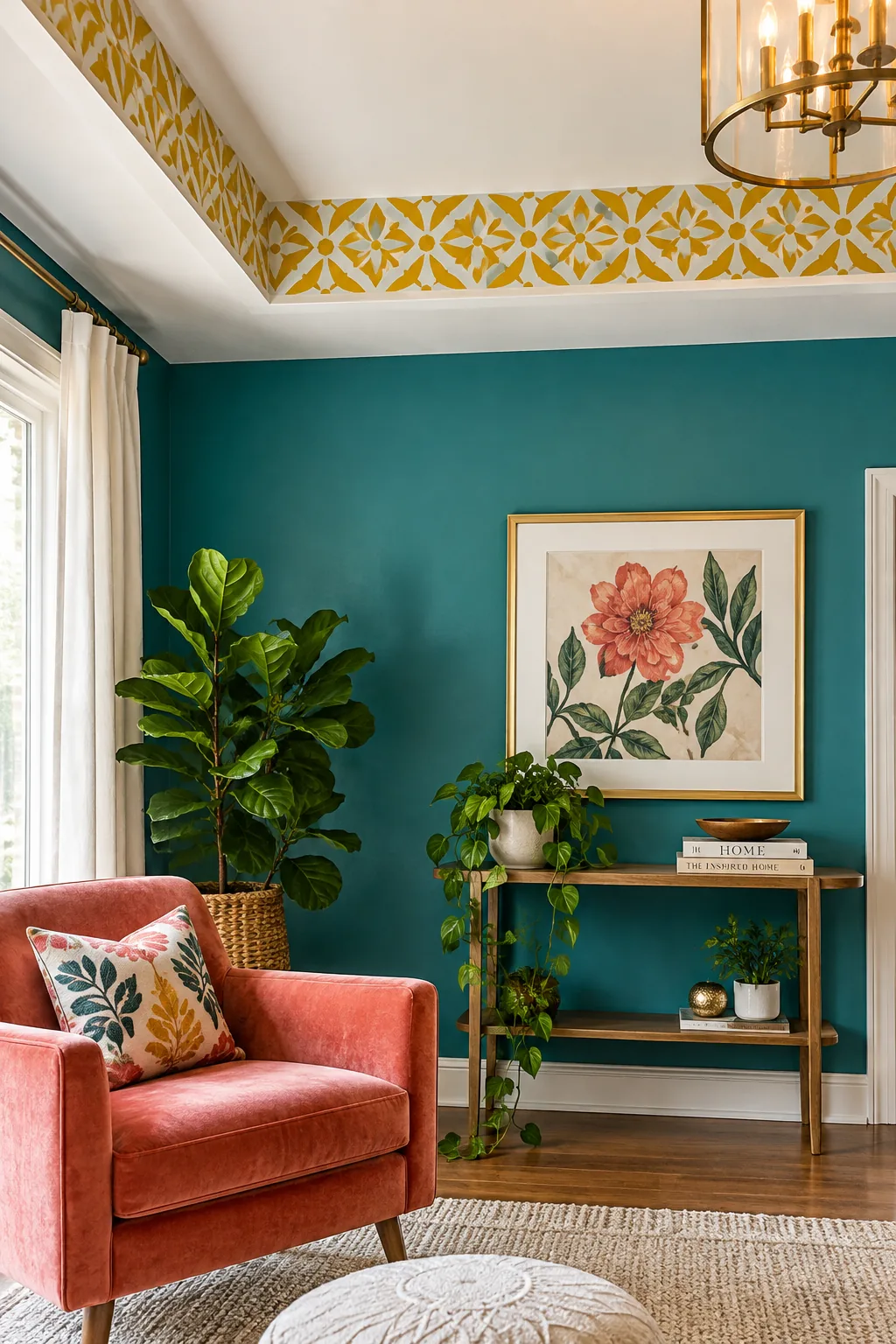 Subtle geometric stencil painted around the vertical drop of a ceiling.