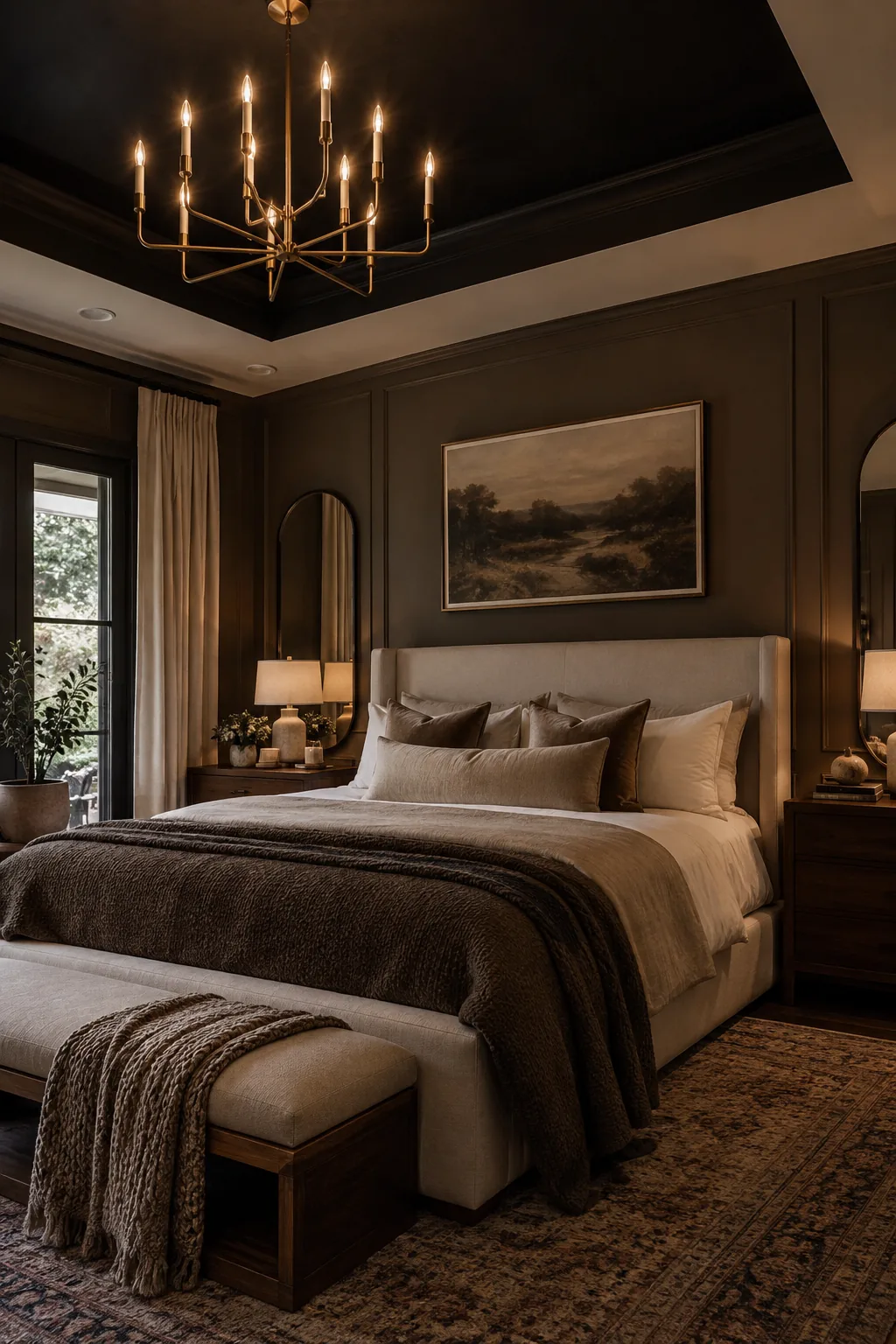 Matte black tray ceiling with a glowing brass chandelier.