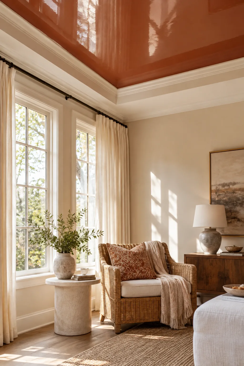 High-gloss white lacquer ceiling reflecting light from nearby windows.