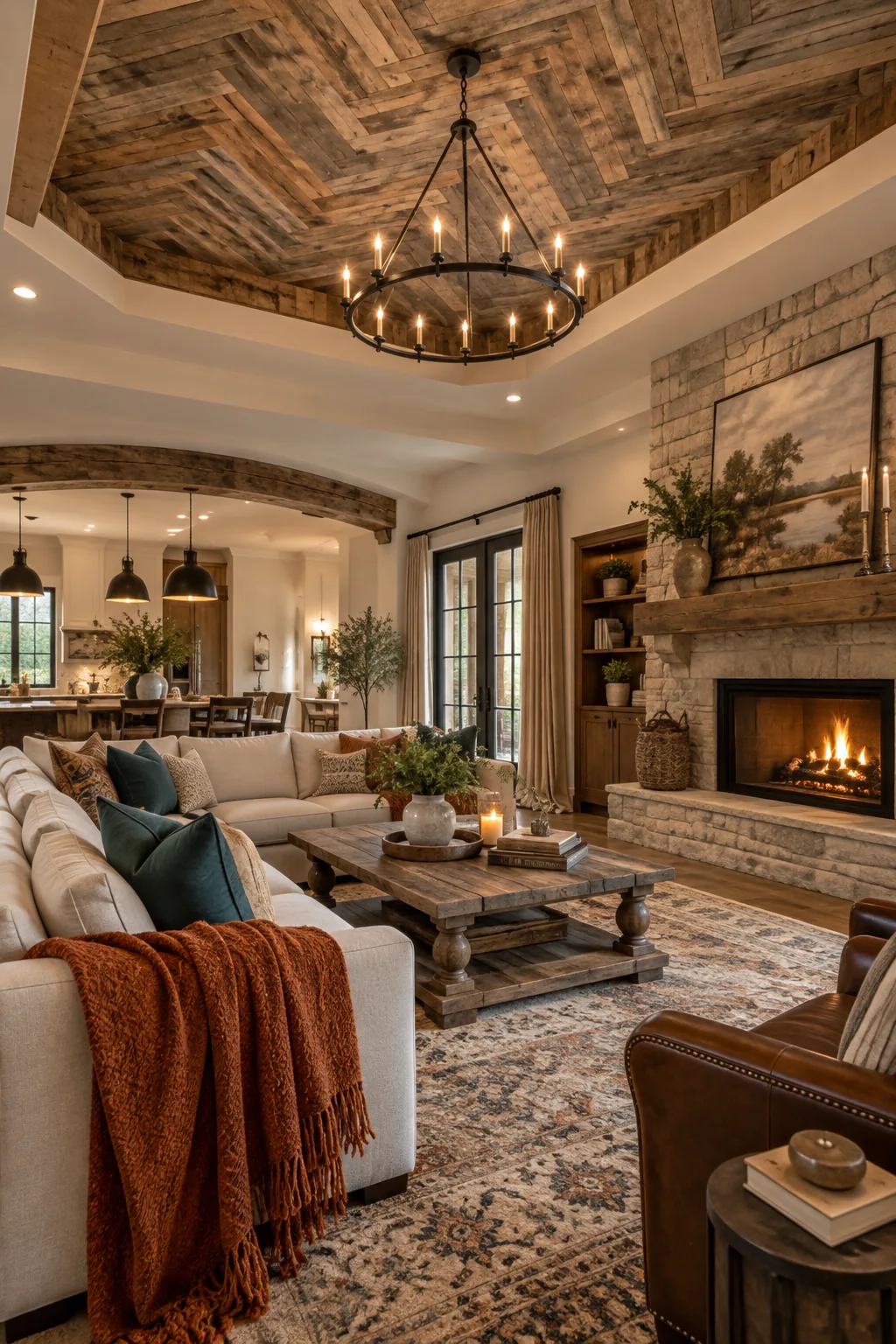 Reclaimed barn wood installed in a herringbone pattern inside a ceiling.