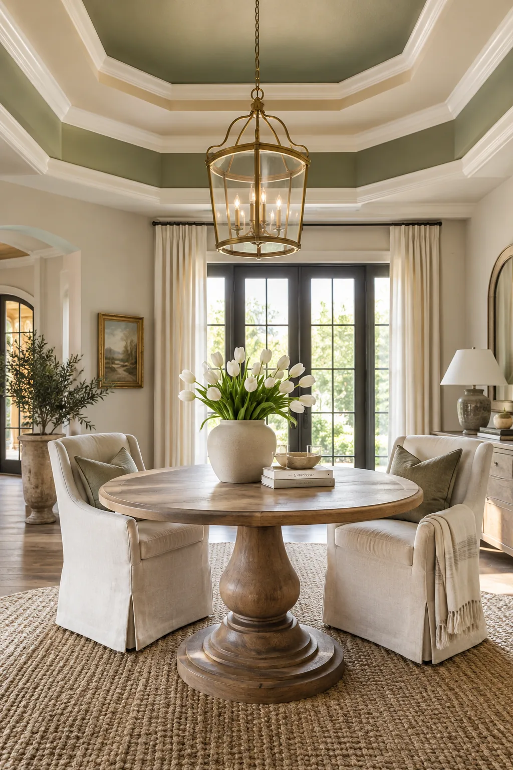 Double tray ceiling with two distinct stepped tiers painted in contrasting tones.
