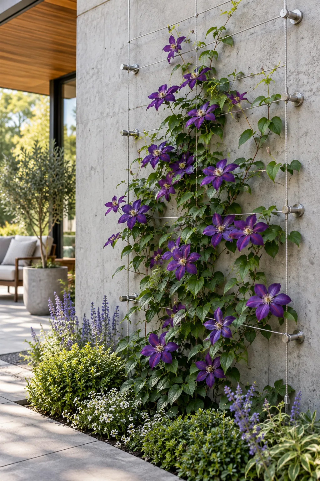 Stainless steel cable trellis on a concrete wall with purple clematis.
